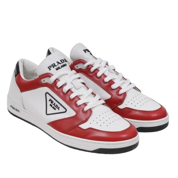 Prada Men Downtown Sneakers US11 UK10  Red White Black Leather Triangle Logo Low - Picture 1 of 11